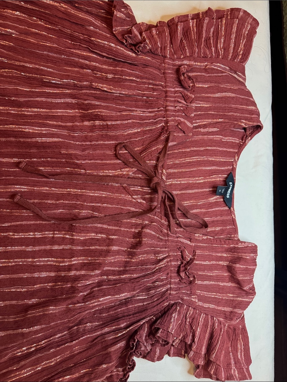 Express Rust Red Striped Ruffle Sleeve Top - Picture 3 of 7